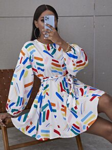 Glamaker 筆刷圖案燈籠袖繫腰帶洋裝