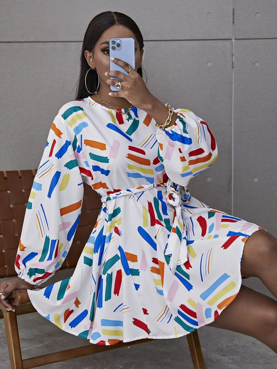 Glamaker 筆刷圖案燈籠袖繫腰帶洋裝