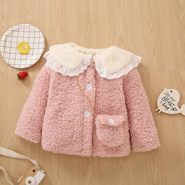 

Toddler Girls Eyelet Embroidery Button Front Teddy Jacket, Baby pink