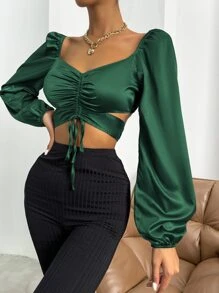 Allurite Sweetheart Neck Drawstring Ruched Tie Back Crop Satin Blouse - Green - View 1
