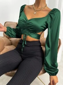 Allurite Sweetheart Neck Drawstring Ruched Tie Back Crop Satin Blouse - Green - View 5