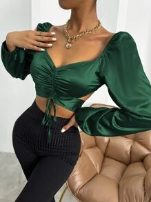 Allurite Sweetheart Neck Drawstring Ruched Tie Back Crop Satin Blouse - Green - View 6