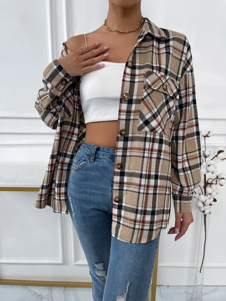 SHEIN Unity 格紋翻蓋口袋落肩袖襯衫 - 彩色 - 查看 1
