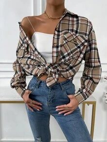SHEIN Unity 格紋翻蓋口袋落肩袖襯衫 - 彩色 - 查看 3