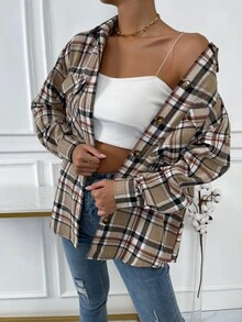 SHEIN Unity 格紋翻蓋口袋落肩袖襯衫 - 彩色 - 查看 4