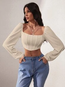 Chiquease 燈籠袖方領短款上衣 - 杏色 - 查看 1