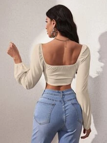 Chiquease 燈籠袖方領短款上衣 - 杏色 - 查看 2