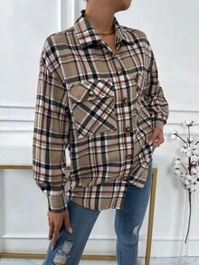 SHEIN Unity 格紋翻蓋口袋落肩袖襯衫 - 彩色 - 查看 6