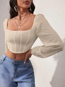 Chiquease 燈籠袖方領短款上衣 - 杏色 - 查看 5