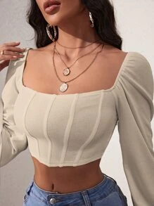 Chiquease 燈籠袖方領短款上衣 - 杏色 - 查看 6