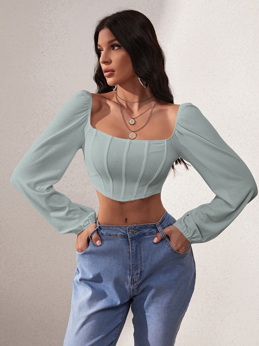 SHEIN SXY 燈籠袖方領短款上衣 - 薄荷綠 - 查看 1