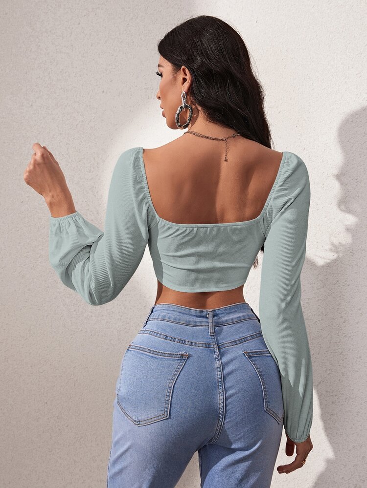 SHEIN SXY Lantern Sleeve Square Neck Crop Top - Mint Green - View 2