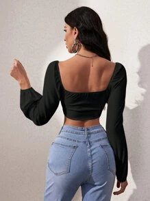 SHEIN Privé Lantern Sleeve Square Neck Crop Top - Black - View 2