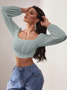 SHEIN SXY 燈籠袖方領短款上衣 - 薄荷綠 - 查看 4
