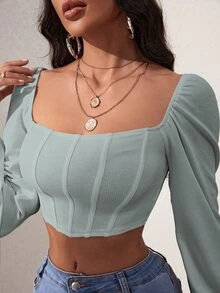 SHEIN SXY 燈籠袖方領短款上衣 - 薄荷綠 - 查看 5
