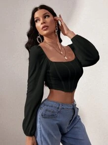 SHEIN Privé Lantern Sleeve Square Neck Crop Top - Black - View 3