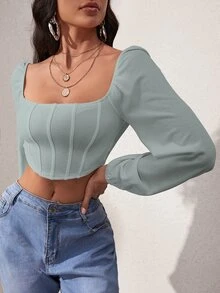 SHEIN SXY 燈籠袖方領短款上衣 - 薄荷綠 - 查看 6