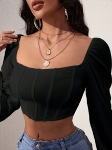 SHEIN Privé Lantern Sleeve Square Neck Crop Top - Black - View 4