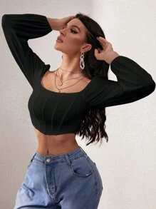 SHEIN Privé Lantern Sleeve Square Neck Crop Top - Black - View 5