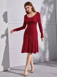 SHEIN Unity Váy ngủ & áo ngủ Nữ Viên lá sen màu trơn Thanh lịch - Màu Đỏ Sâu - Xem 1