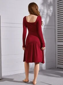 SHEIN Unity Váy ngủ & áo ngủ Nữ Viên lá sen màu trơn Thanh lịch - Màu Đỏ Sâu - Xem 2