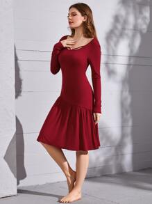 SHEIN Unity Váy ngủ & áo ngủ Nữ Viên lá sen màu trơn Thanh lịch - Màu Đỏ Sâu - Xem 4