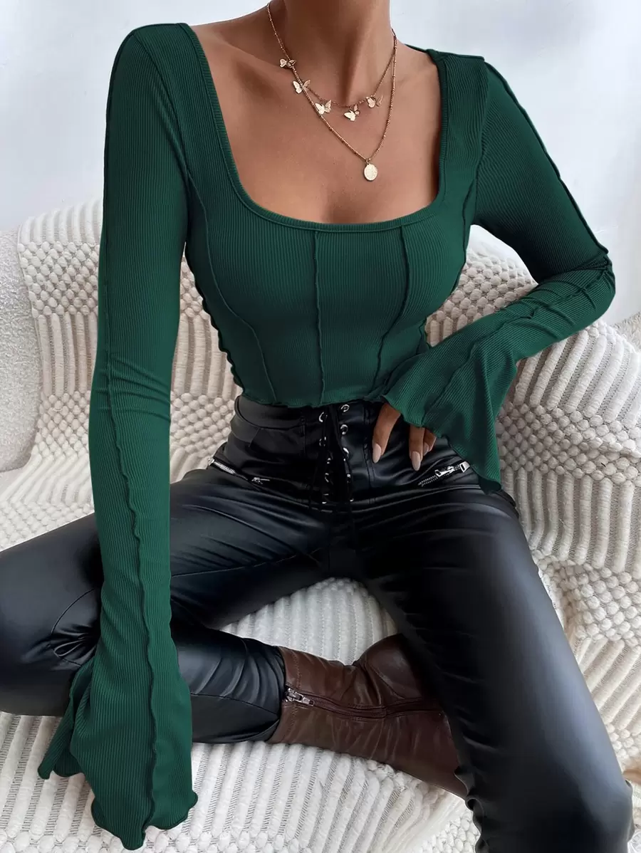 Chiquease Tie Back Lettuce Trim Crop Top - Dark Green - View 1