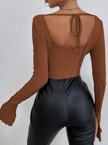 SHEIN Privé Tie Back Lettuce Trim Crop Top - Brown - View 2