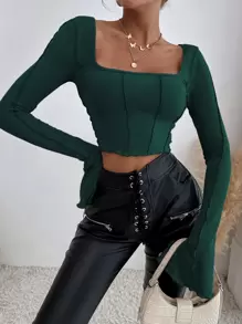 Chiquease Tie Back Lettuce Trim Crop Top - Dark Green - View 4
