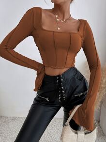 SHEIN Privé Tie Back Lettuce Trim Crop Top - Brown - View 5