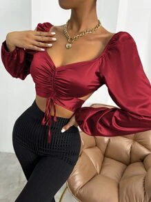 雞心領口抽繩褶邊後綁帶短款緞面襯衫 - 酒紅色 - 查看 4