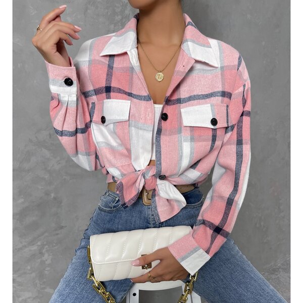 

Plaid Flap Pocket Drop Shoulder Coat, Pink