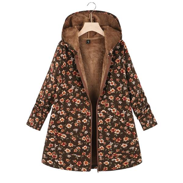 

Plus Allover Floral Print Teddy Lined Zip Up Hooded Coat, Multicolor