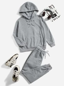 SHEIN EZwear 落肩袖抽繩保暖連帽衫和衛褲 - 淺灰色 - 查看 1