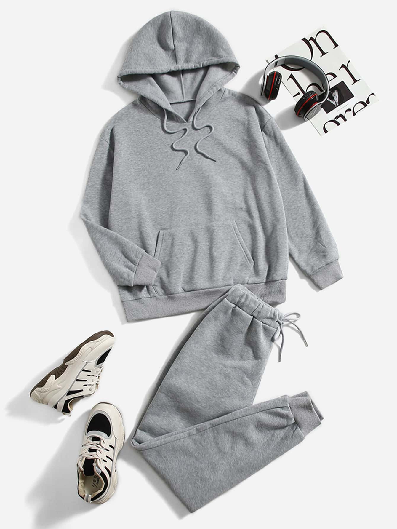 SHEIN EZwear 落肩袖抽繩保暖連帽衫和衛褲 - 淺灰色 - 查看 1