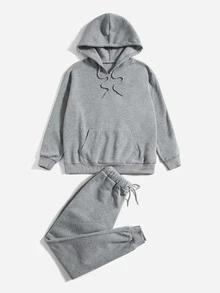 SHEIN EZwear 落肩袖抽繩保暖連帽衫和衛褲 - 淺灰色 - 查看 5
