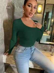 SHEIN Essnce 大圓領短款T恤 - 墨綠色 - 查看 4