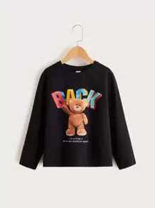 SHEIN Boys Bear And Slogan Graphic Tee - الأسود - مشاهدة 1