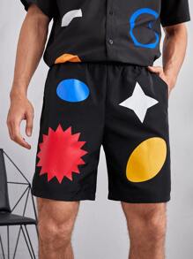 Sherwan Rozan 男士撞色幾何印花短褲 - 黑色 - 查看 1