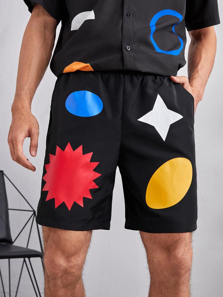 Sherwan Rozan 男士撞色幾何印花短褲 - 黑色 - 查看 1