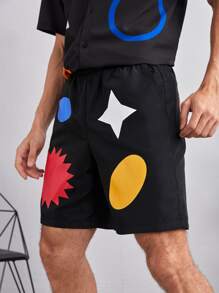 Sherwan Rozan 男士撞色幾何印花短褲 - 黑色 - 查看 4