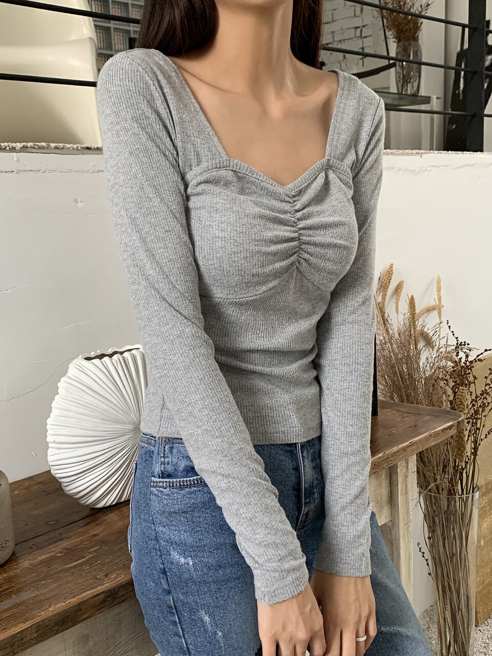 Sweetheart Neck Ruched Ribbed Knit Tee