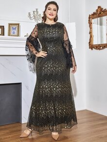 Đầm Plus Size Tương phản Mesh Hình học Hấp dẫn - Nhiều màu - Xem 5