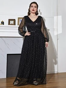 Modelyn 大码 Galaxy 网眼灯笼袖连衣裙 - 黑色 - 查看 1