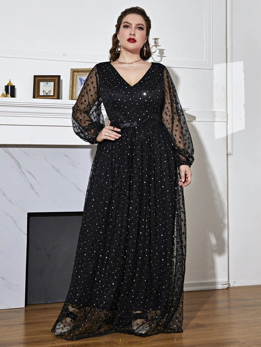 Modelyn 大码 Galaxy 网眼灯笼袖连衣裙 - 黑色 - 查看 1