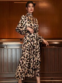 Modelyn Allover Print Frilled Mock Neck Lantern Sleeve Ruffle Hem Belted Dress - Multicolor - View 4