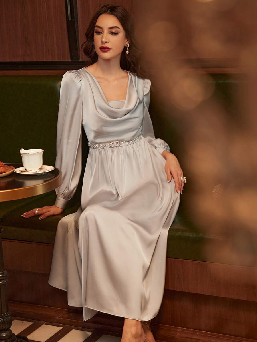 Modelyn Drape Neck Puff Sleeve Belted Satin Dress - Grey - View 1