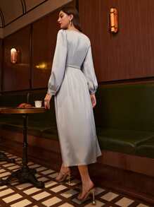 Modelyn Drape Neck Puff Sleeve Belted Satin Dress - Grey - View 2