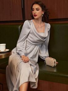 Modelyn Drape Neck Puff Sleeve Belted Satin Dress - Grey - View 4