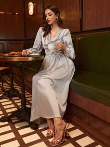 Modelyn Drape Neck Puff Sleeve Belted Satin Dress - Grey - View 5